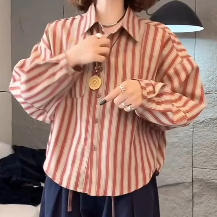 秋季新款百搭条纹长袖宽松休闲上衣衬衫LK2506258