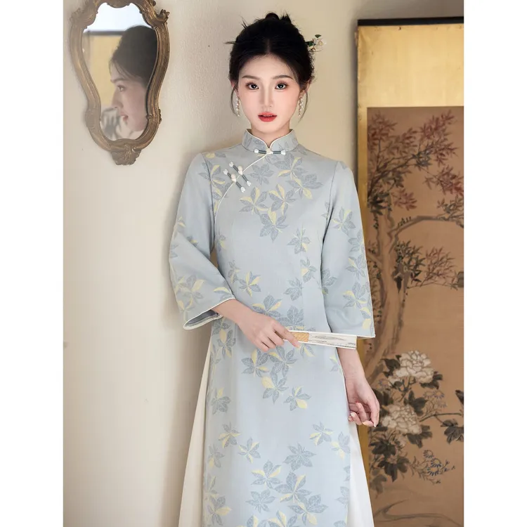 蓝色改良新中式奥黛旗袍女2025秋新款麂皮绒年轻款日常可穿连衣裙