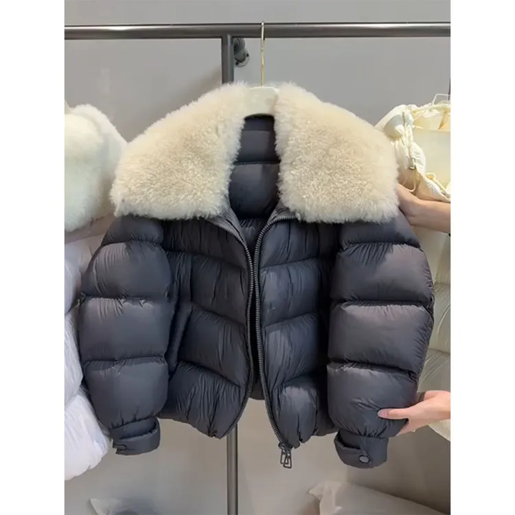 黑色毛领翻领短款羽绒服女2025年冬季新款加厚保暖蓬松面包服外套