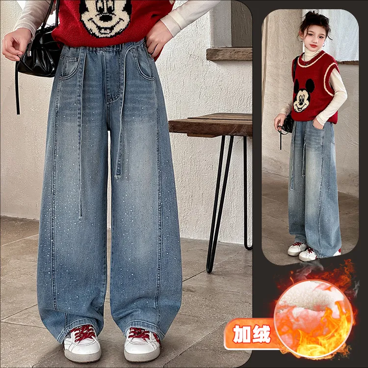 女童冬季时尚加绒休闲烫钻牛仔裤6~12岁中大童洋气韩版时髦潮款