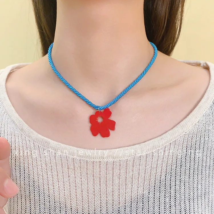 非金属布艺项链 韩系ins博主同款小红花项链夏天彩色百搭多巴胺