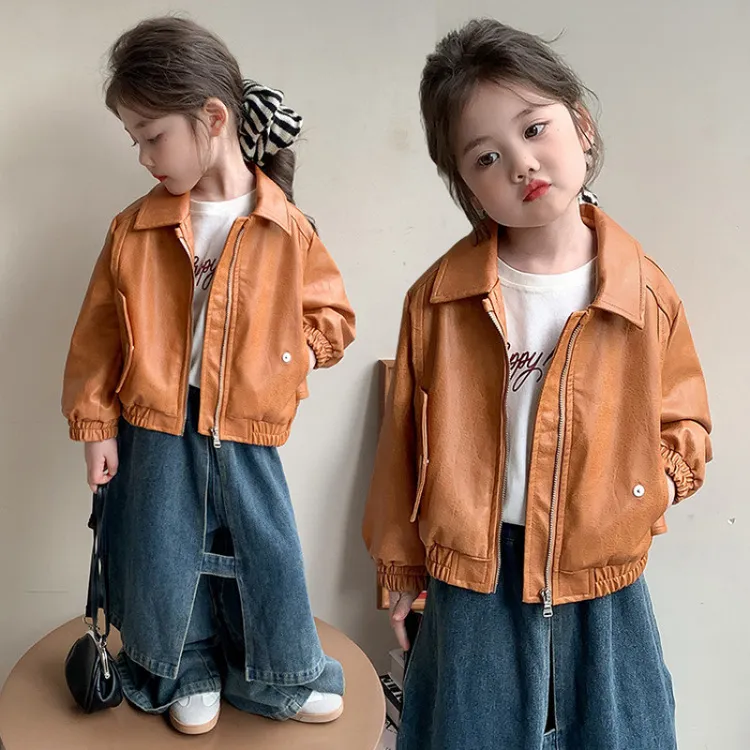 2025秋季女童韩版皮衣外套儿童洋气时髦PU夹克上衣童装秋装外套潮