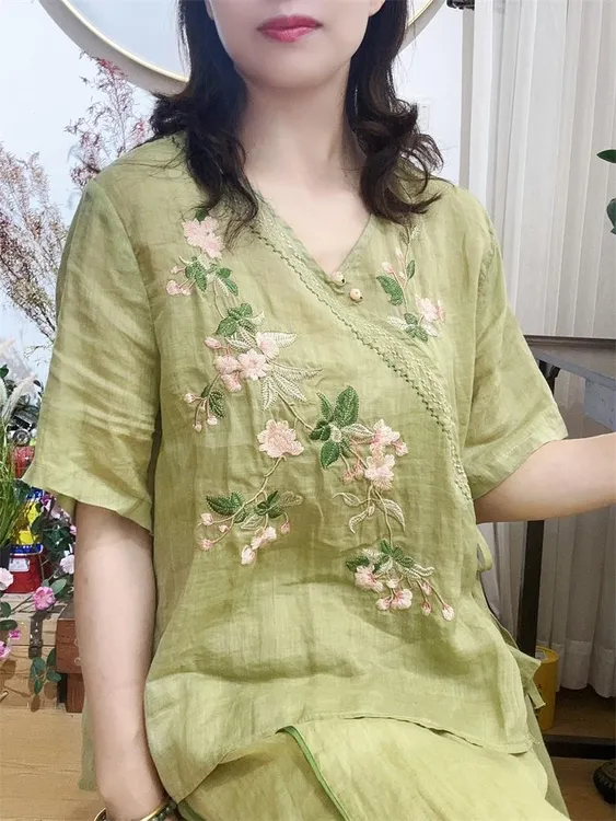 宽松斜襟中袖苎麻刺绣绿色夏季衬衫中式新款茶服文艺复古盘扣上衣
