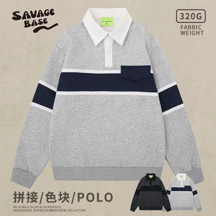 cityboy日系复古撞色拼接翻领卫衣男秋冬新款休闲宽松长袖polo衫