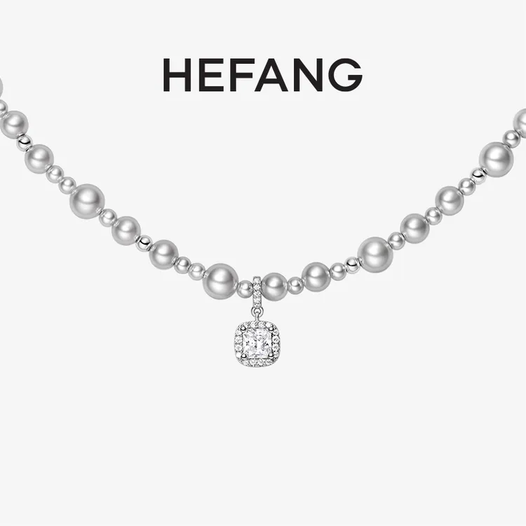 HEFANG 链子925银合成锆石 气泡方糖项链轻奢时尚送女友