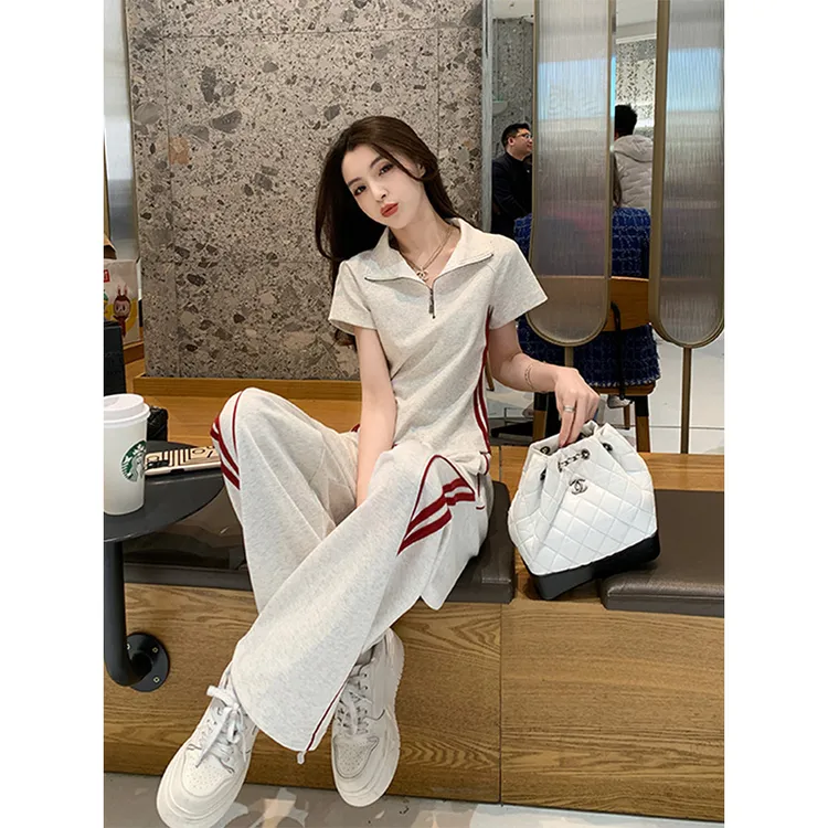 网红炸街短袖休闲运动套装女夏新款爆款洋气显瘦时尚阔腿裤两件套