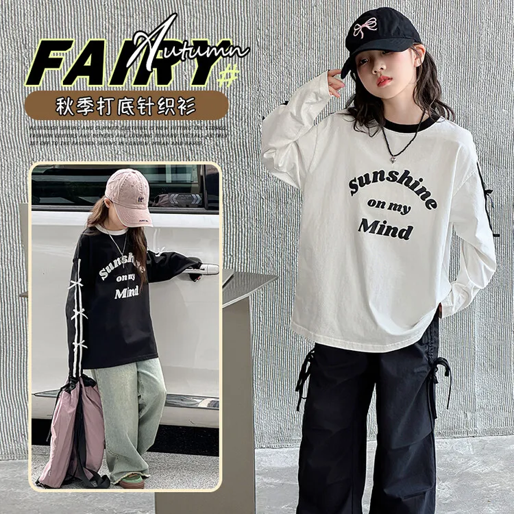 女童长袖t恤秋季2025新款儿童洋气打底衫女大童春秋网红百搭上衣