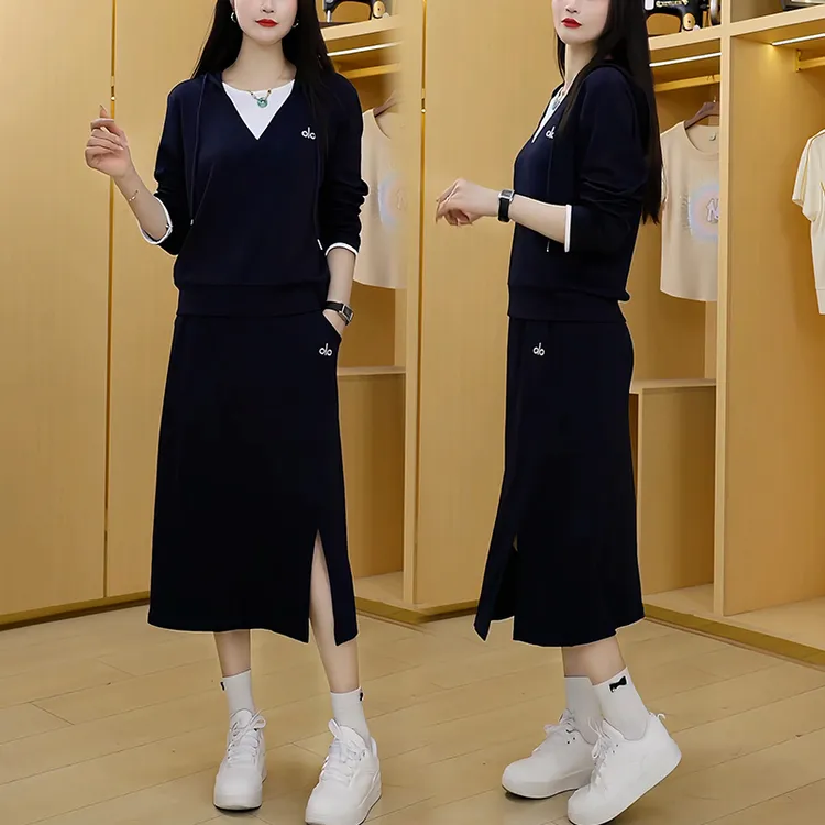 假两件休闲运动套装2025年秋季时尚韩版宽松减龄开叉半身裙两件套