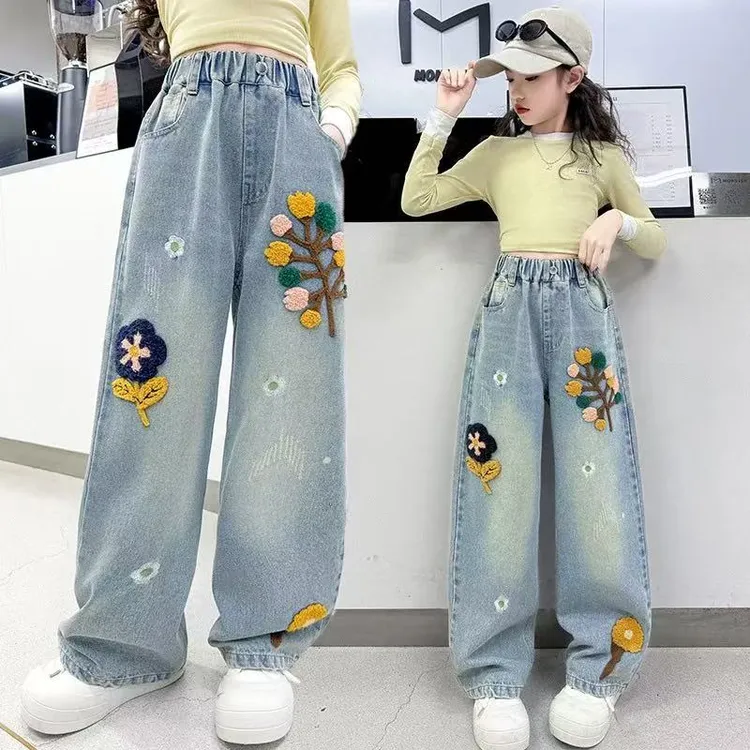 女童裤子2025春季新款中大童儿童洋气牛仔裤春季刺绣百搭阔腿裤