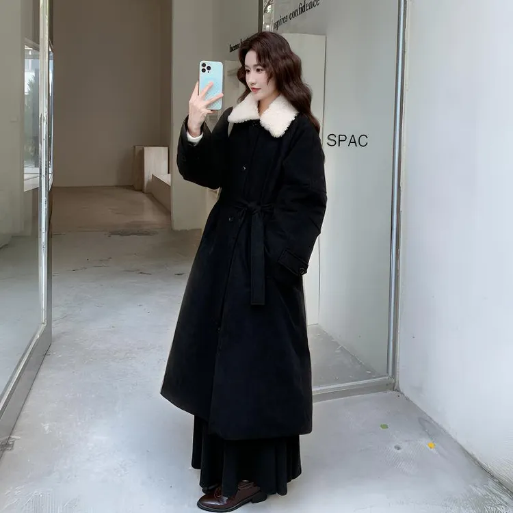 羊羔毛领羽绒服女过膝长款2025冬季复古气质保暖加厚羽绒风衣外套