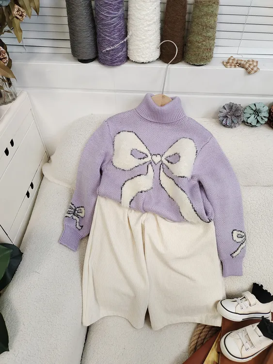 YIYANG童装毛衣紫色女童高领秋冬毛衣大蝴蝶结提花毛衣332