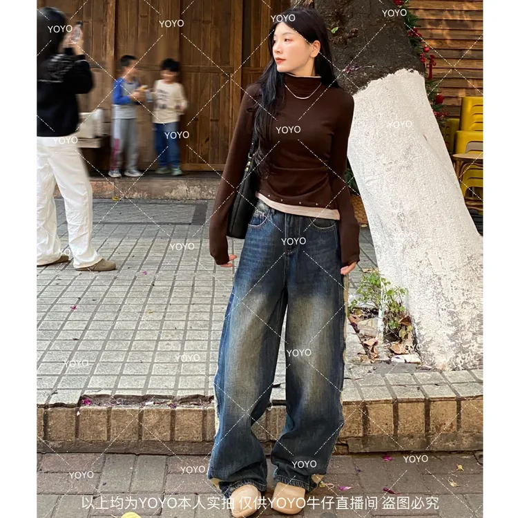 YOYO自制2【做旧猫须】加绒加厚冬款宽松潮流设计感阔腿拖地裤