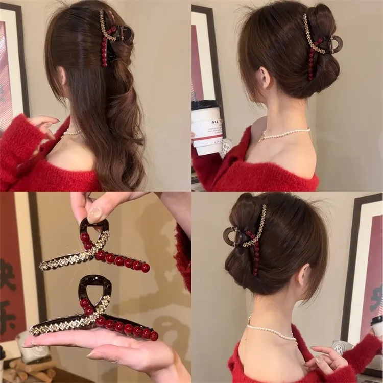 新年红色闪钻抓夹女2025新款发夹后脑勺高级感盘发鲨鱼夹头饰