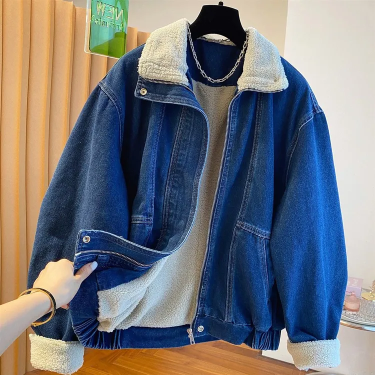 高端欧货蓝色羊羔毛牛仔外套女2025新款宽松加厚毛茸茸翻领上衣