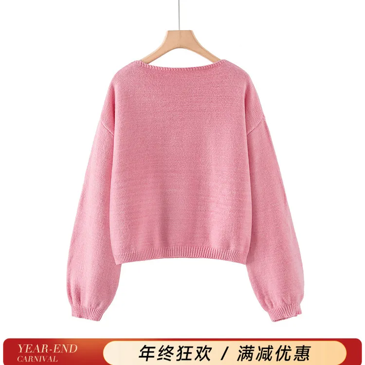 她池2025冬装新款女装圆领灯笼袖宽松短款套头简约毛衣T43X4846M
