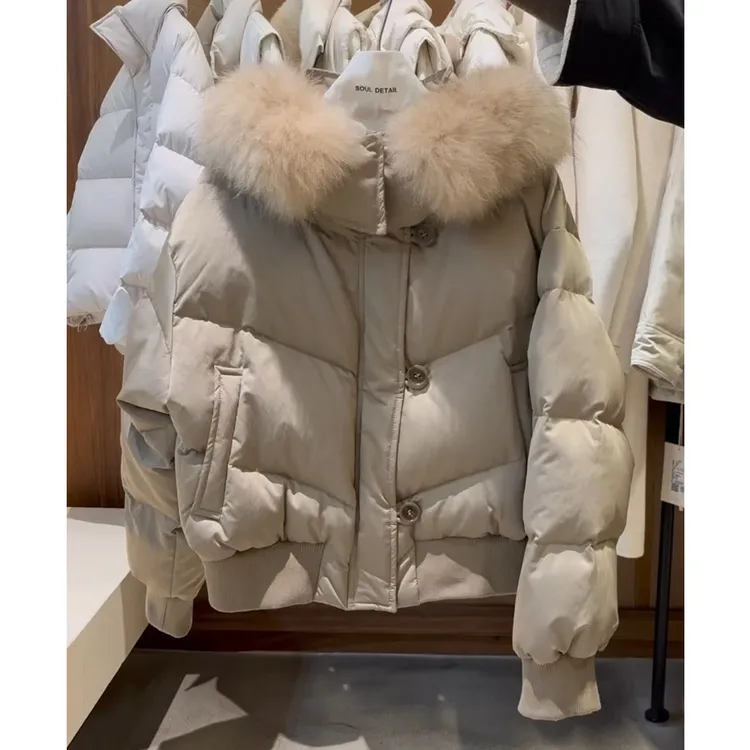 大毛领连帽短款羽绒服女2025冬季新款小个子韩系高级感白鸭绒外套
