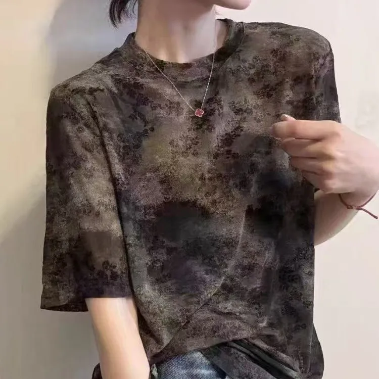 女装自留款早秋款提花纱欧货短袖T