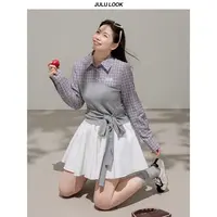 巨鹿工作室“怦然爱恋”微胖mm设计感格纹拼接衬衫/半裙大码套装