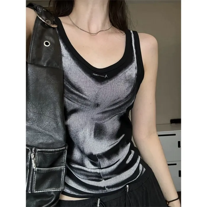 美式辣妹小众撞色印花吊带背心女夏季新款设计感修身时尚短款上衣