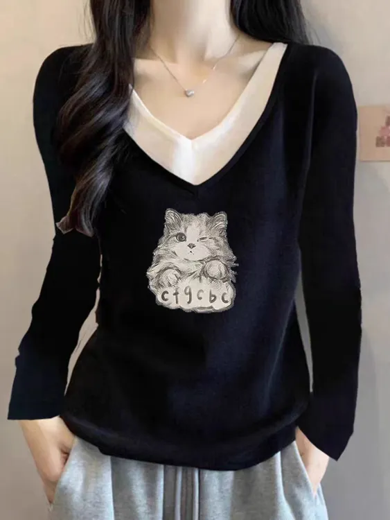 大码胖mm遮肚显瘦v领女春秋季宽松棉上衣黑色假两件正肩长袖T恤