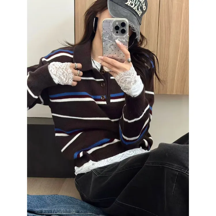 SP 长袖polo领休闲撞色条纹针织衫羊毛复古毛衣女 