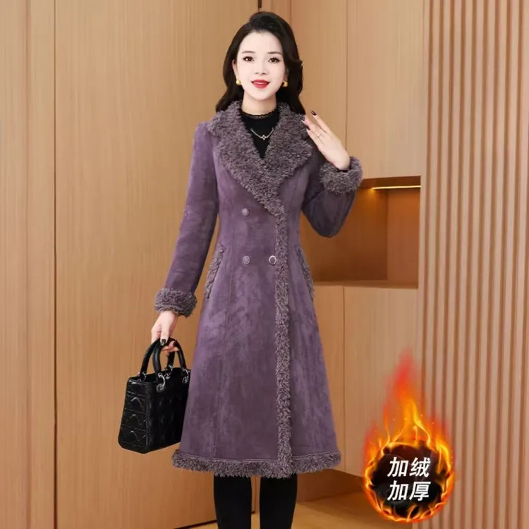 【外套】磨砂植绒皮冬季新款西装领加厚优雅时尚修身加绒毛呢外套
