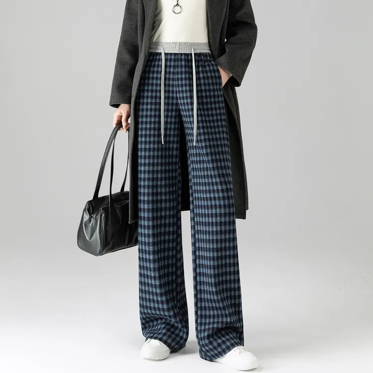 格子阔腿裤女2025新款冬复古松紧腰毛呢裤子宽松慵懒风直筒休闲裤