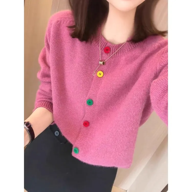 春秋设计感温柔显瘦毛衣外套外搭上衣法式复古圆领彩扣针织开衫女