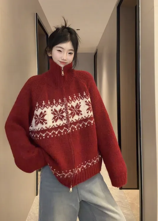 秋冬加厚毛衣开衫外套女费尔岛红色拉链毛衣宽松提花大版外套