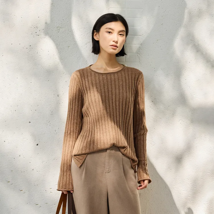 qtu棉麻圆领长袖套头针织衫女原创简约大气松弛慵懒上衣 自在于心