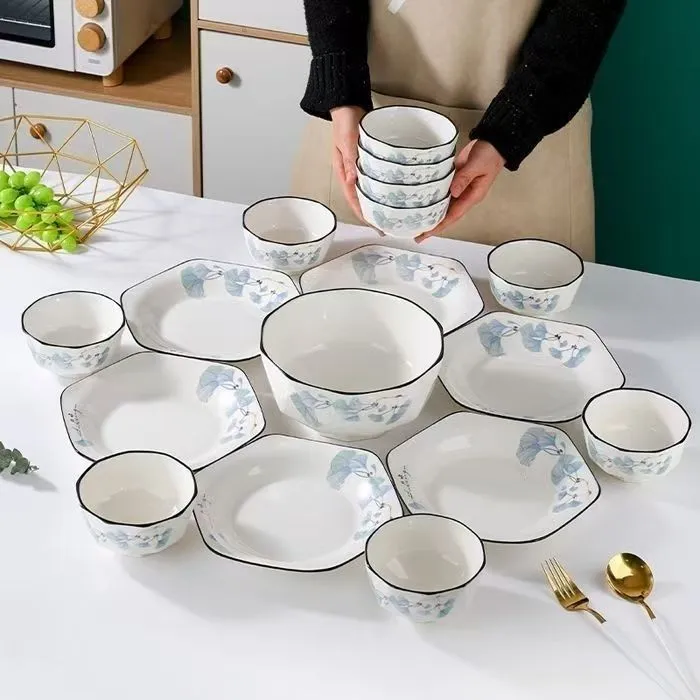 【15件套】银杏叶8碗6个六角盘1汤碗陶瓷餐具