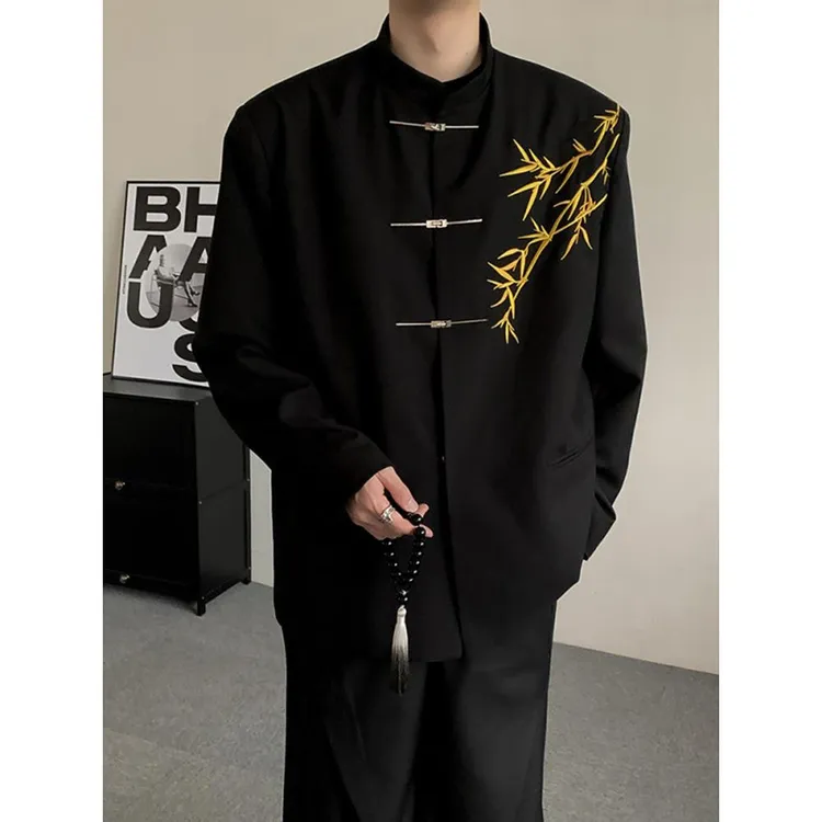 新中式春秋男士订婚衣服国风立领中山装金竹刺绣男孩成人礼服西装