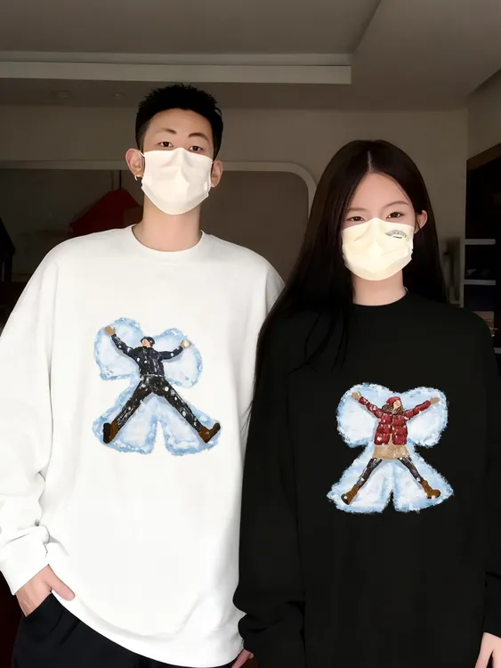 【两件装】卡通情侣装宽松加绒加厚百搭休闲圆领秋冬雪底情侣卫衣