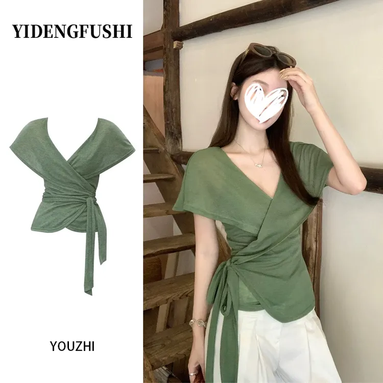 法式新款V领绑带短袖t恤不规则设计感纯欲气质辣妹收腰百搭女上衣