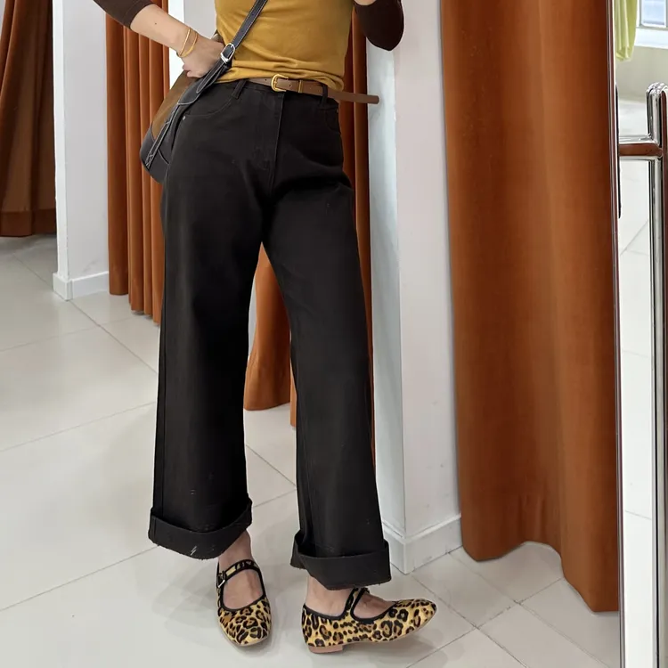 三色显瘦直筒腰带牛仔裤