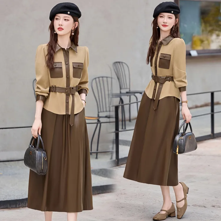 法式休闲拼接PU皮衣半身裙两件套女2025秋季新款时尚套装裙两件套