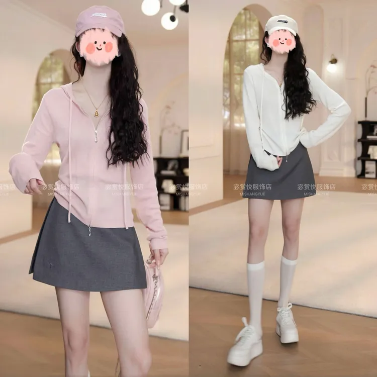 早春穿搭一整套女装薄雾少女风套装连帽针织开衫+裙裤两件套休闲