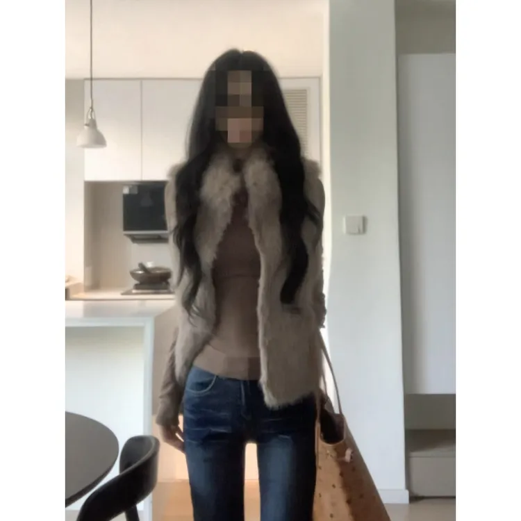 MARIE.COCO姐系贵感套装立领无袖毛绒绒马甲外套打底衫微喇牛仔裤