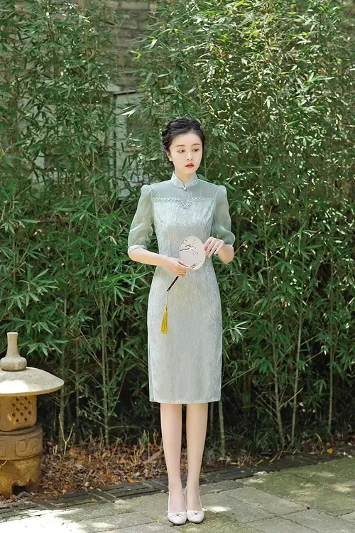 （841）夏款 三色 中长改良旗袍 单层 长度约105cm改良版显瘦年轻