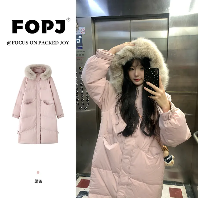 FOPJ毛领连帽加厚保暖棉衣外套女新款美式复古中长款设计感面包服