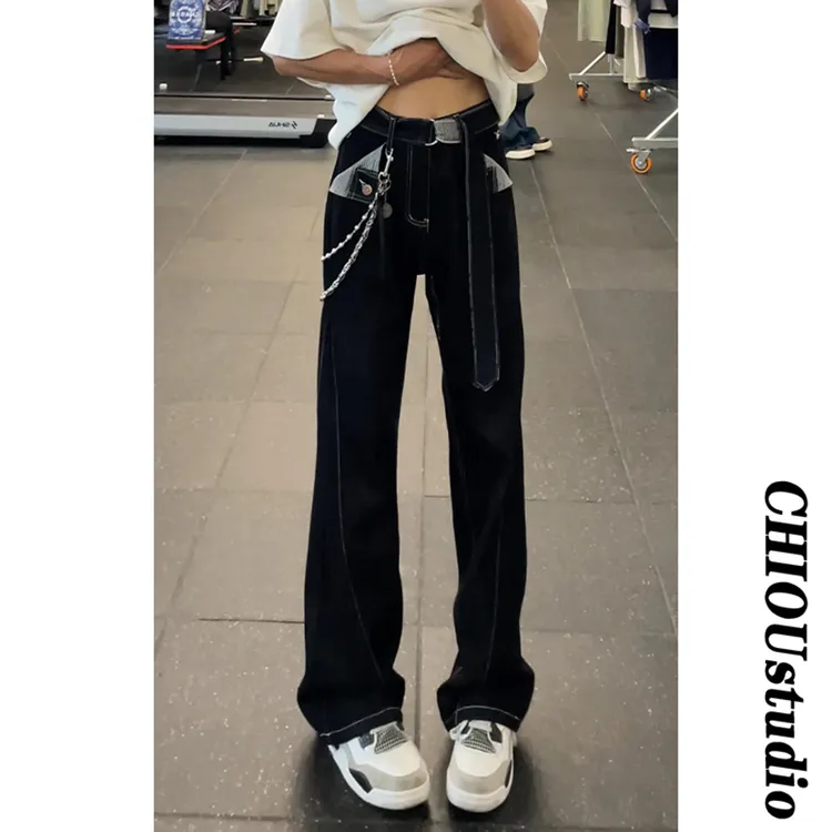 千鸟格美式复古微喇原牛牛仔裤男女同款显高显瘦拼接设计休闲长裤