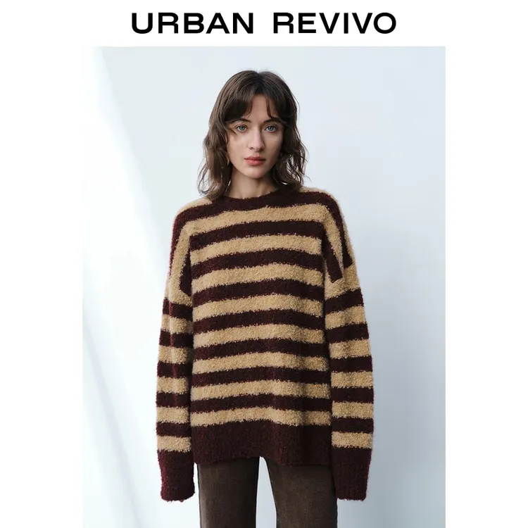 UR2025冬季新款女装琥珀流光风撞色条纹针织衫UWM950064+