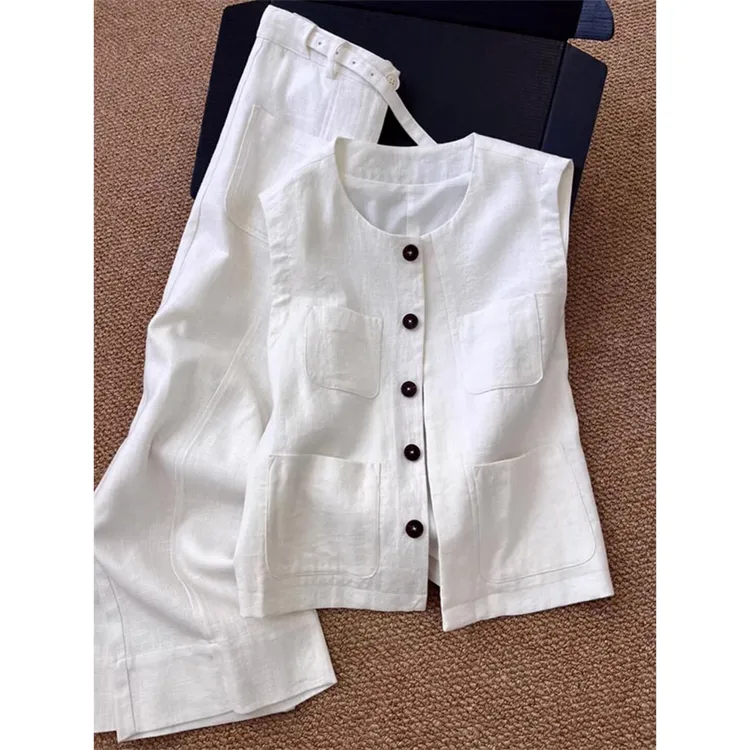 老钱风套装女夏宽松坎肩马甲背心显瘦上衣休闲阔腿长裤两件套洋气