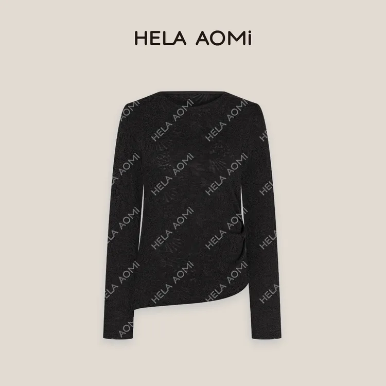 HELAAOMI “花影打底”绵羊毛混纺针织提花工艺纯色极简风不规则T恤