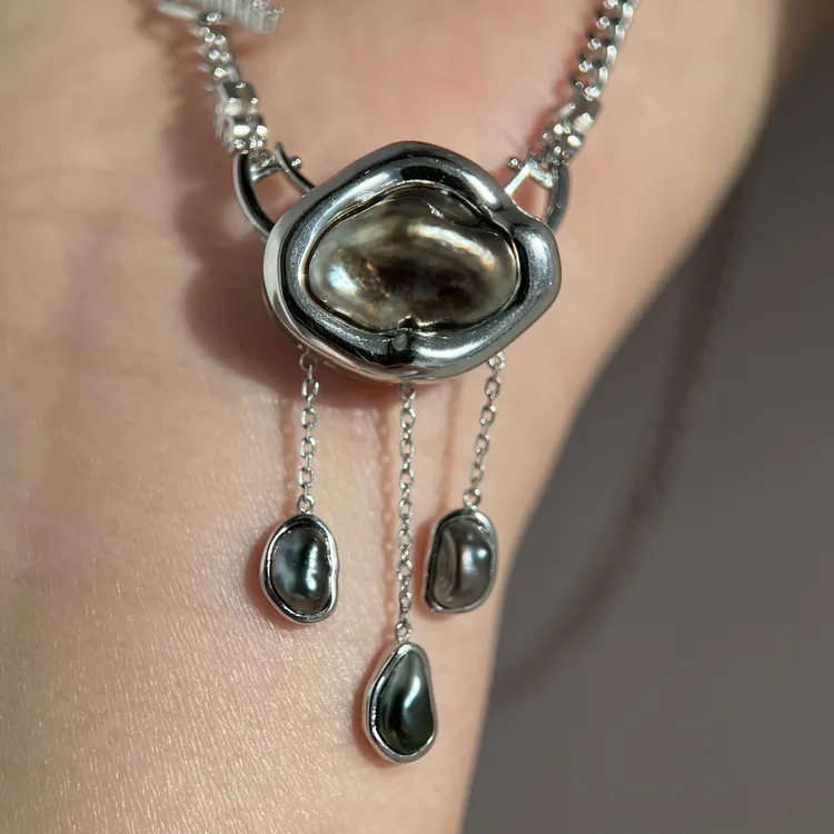 大溪地keshi海水珍珠吊坠 厚银镶嵌 超大点位云朵吊坠 