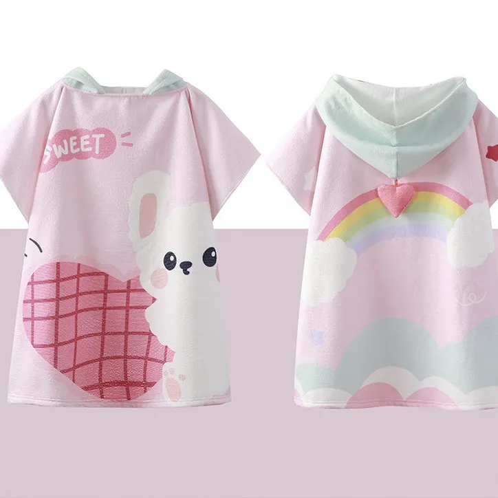 夏季女童防晒浴袍男孩可穿式浴袍卡通带帽斗篷儿童游泳柔软速干