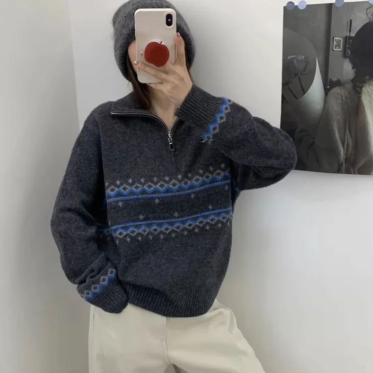 2025秋冬新款拉链立领提花羊毛针织衫女显瘦百搭毛衣女