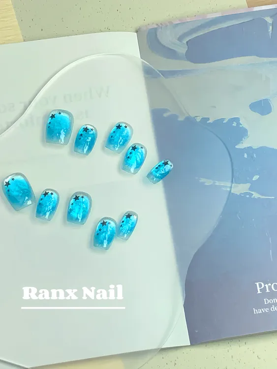 【果冻海】蓝色猫眼渐变纹理感手工穿戴甲 夏日清透感显白 新短方