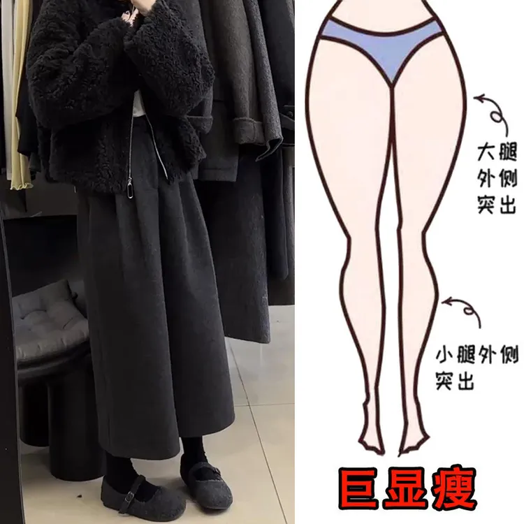 秋冬加绒大码女装毛呢休闲裤阔腿裤梨型身材显瘦宽松八分裤奶奶裤