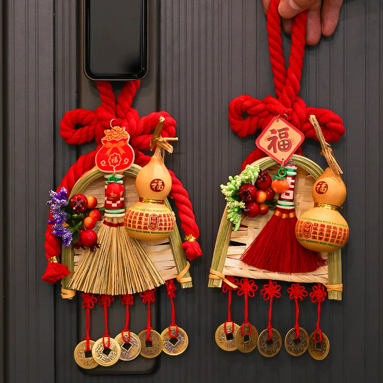 新年乔迁之喜入户门把手扫帚挂件装饰万字结葫芦新居搬家进门仪式